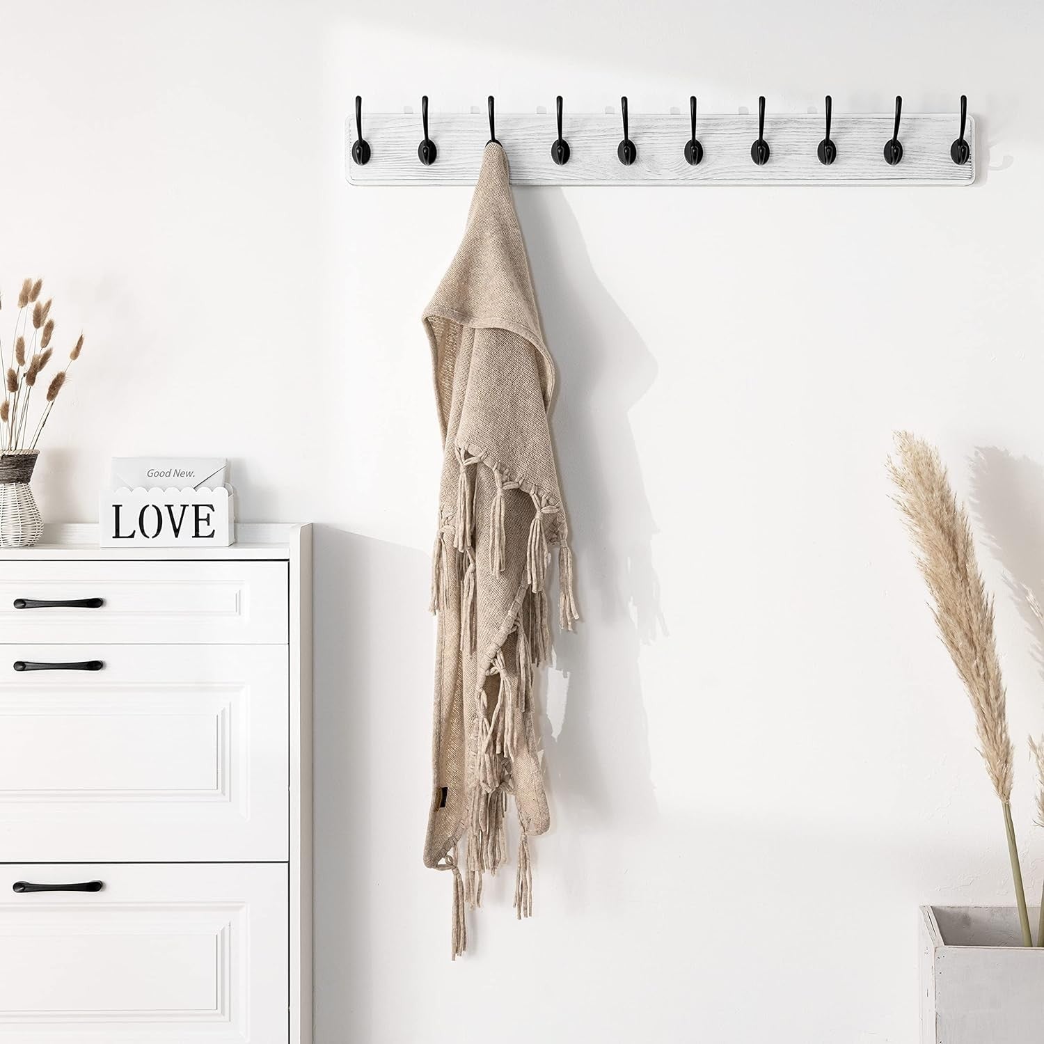 White Wood Wall Mounted Coat Rack with 10 Hooks | Farmhouse Hallway Hanger