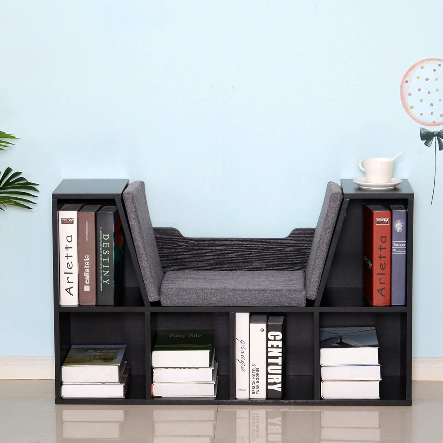 Bookcase with Cushioned Reading Seat 6 Cube Storage Bench Black