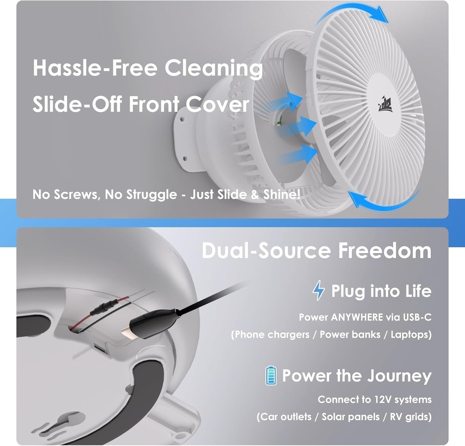 12V Wall Mount Fan – 180° Foldable Dual Power Fan with LED Light for RV & Boat
