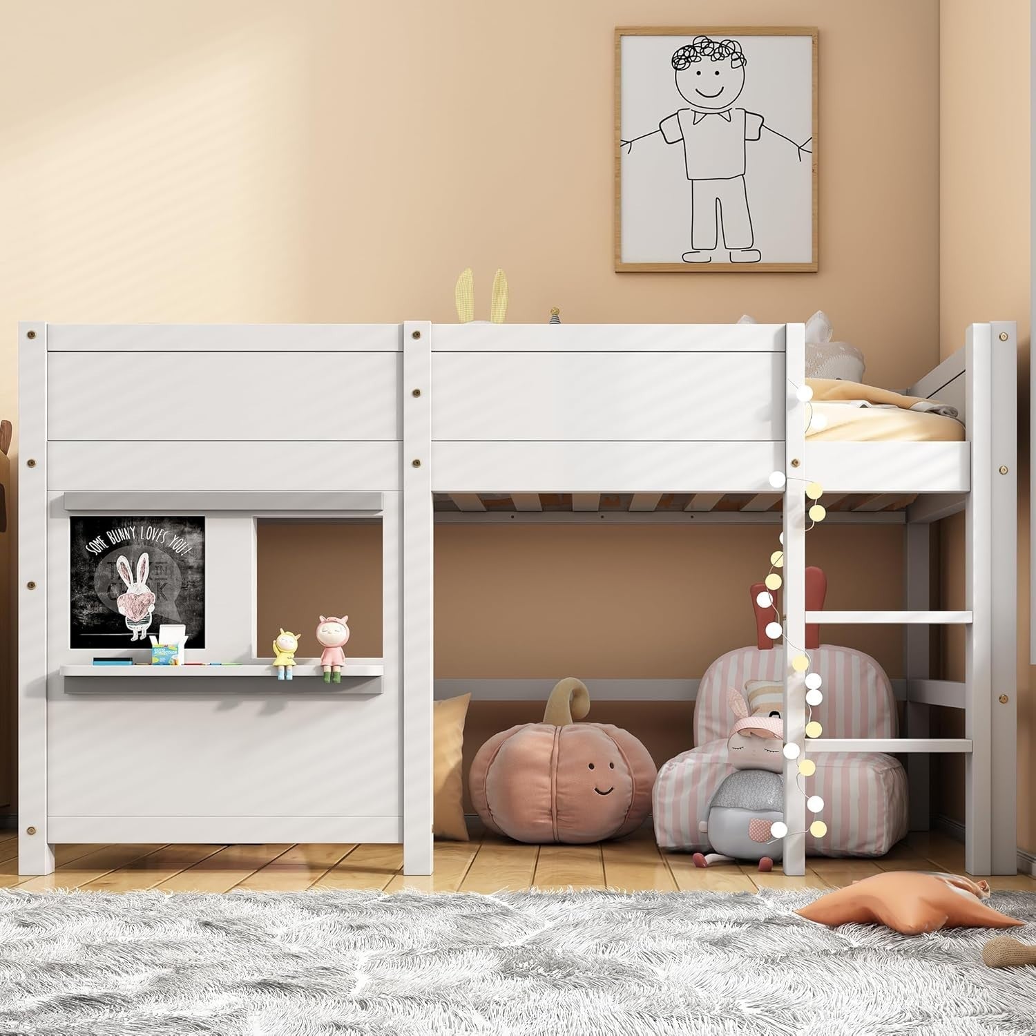 Kids Bunk Bed with Safety Fence, Staircase & Chalkboard – Solid Pine 3FT
