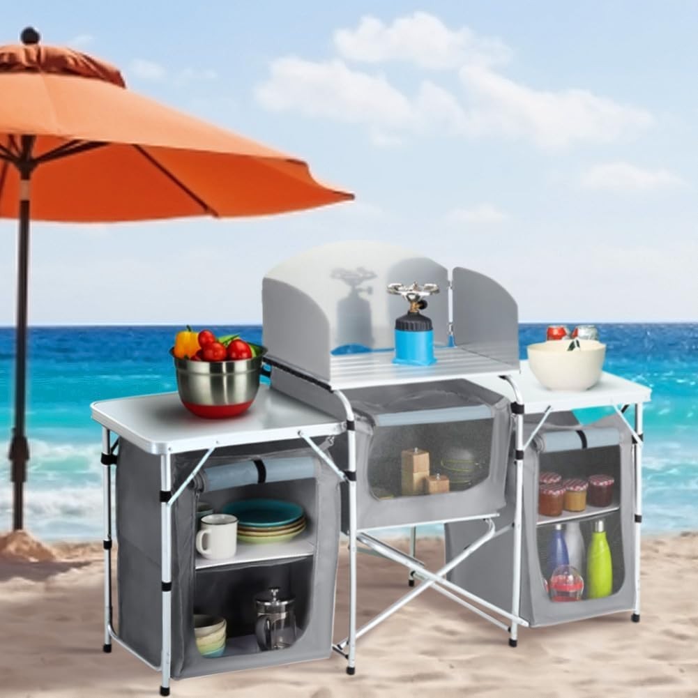 Outdoor Camping Kitchen with 5 Shelves, Foldable Aluminium BBQ Storage Table