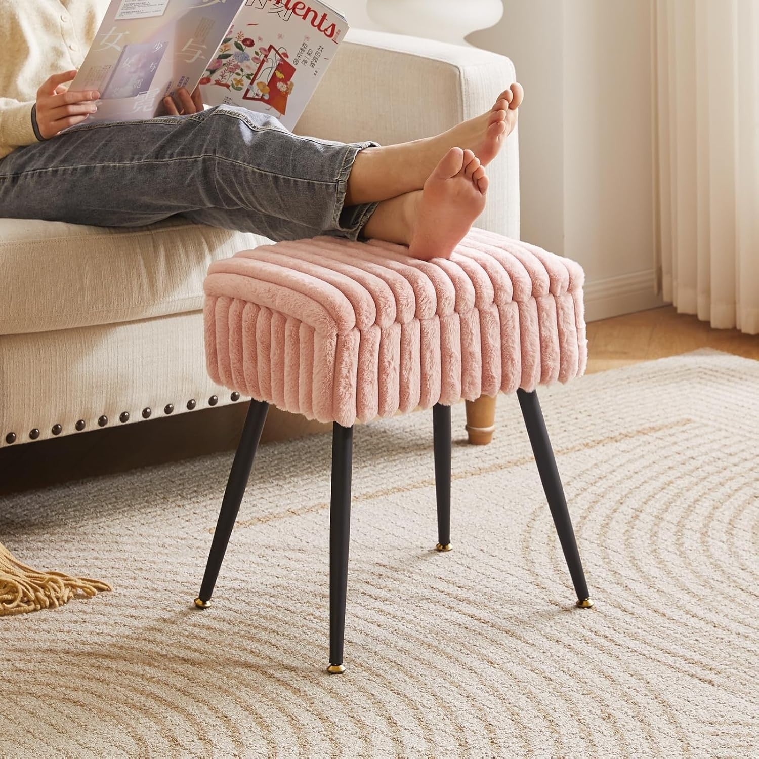 Pink Velvet Vanity Stool with Storage – Rectangular Ottoman Seat