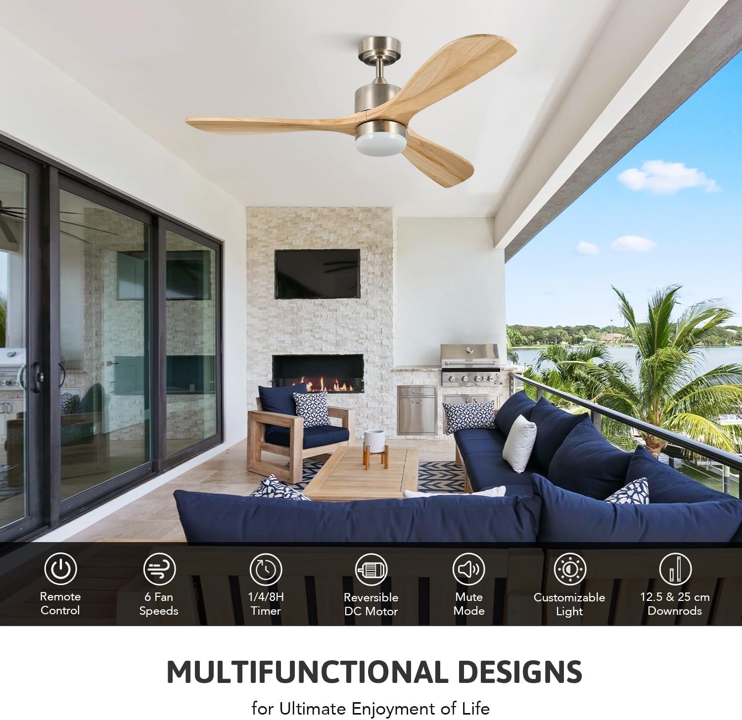 52" Wood Ceiling Fan with Light, 3-Blade, 6-Speed, Remote, LED