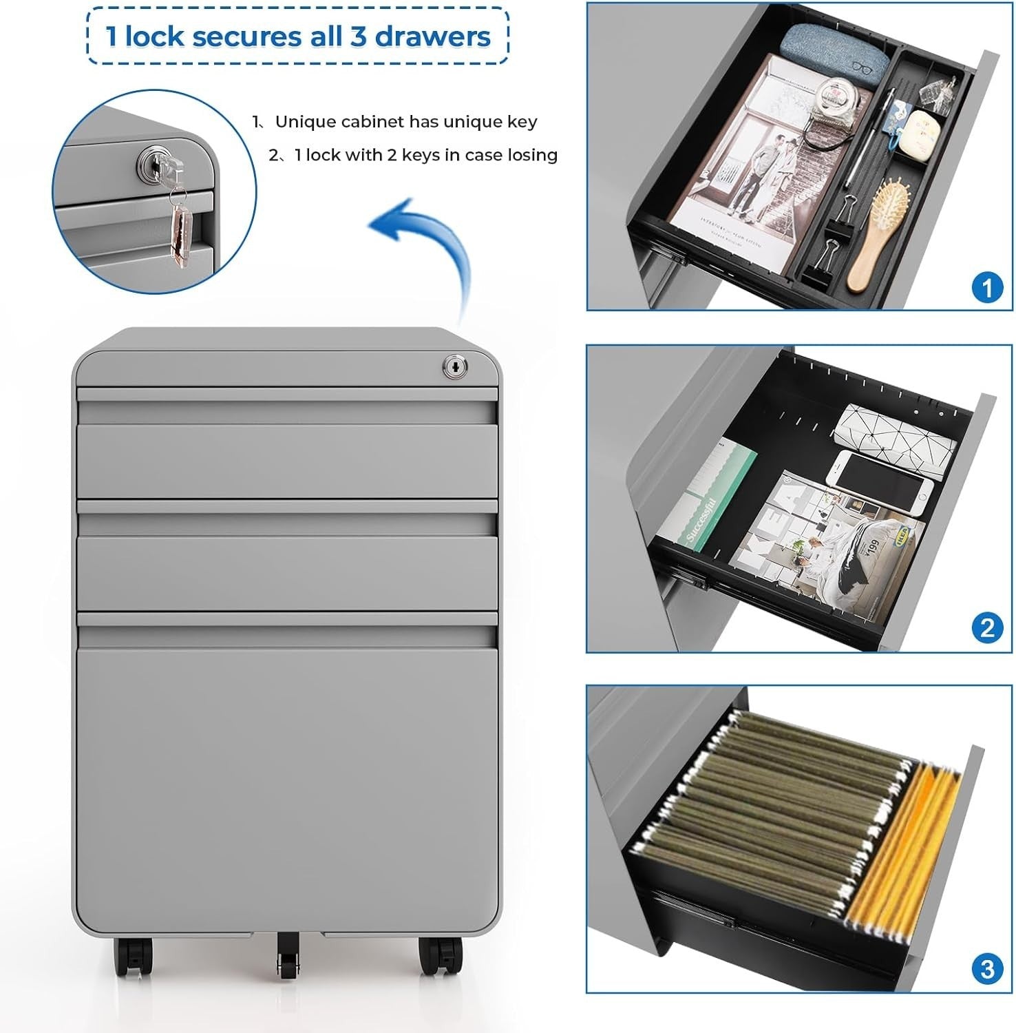 Grey Lockable Metal Filing Cabinet 3 Drawer A4 Anti Tilt on Wheels