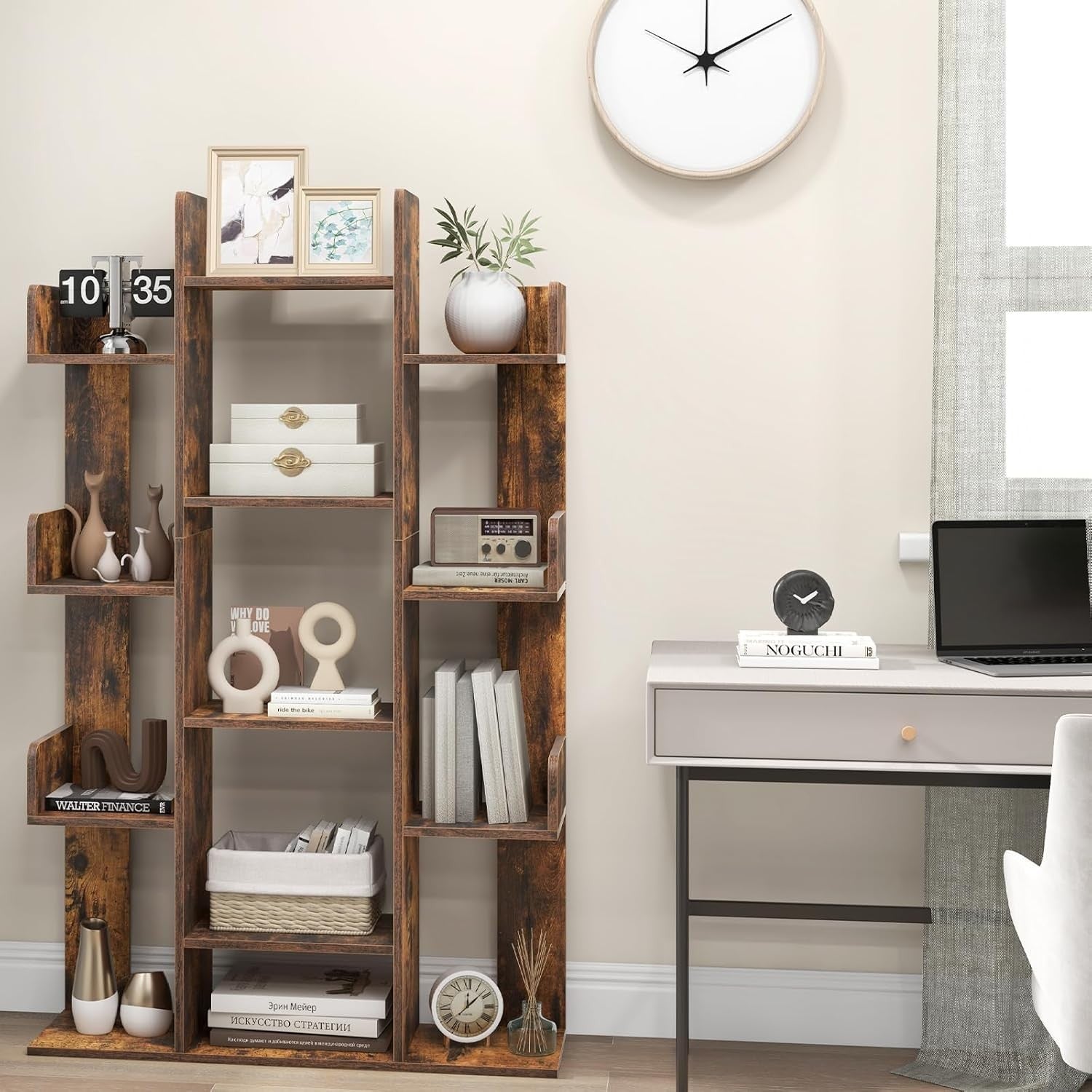Tall Tree-Shaped Bookcase 13-Tier Wooden Shelf Unit Rustic Brown Storage Rack