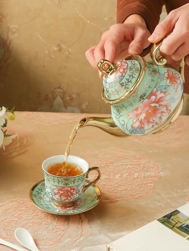 20Pc Green Porcelain Tea Set Gold Floral Teapot Cups Saucers Stand
