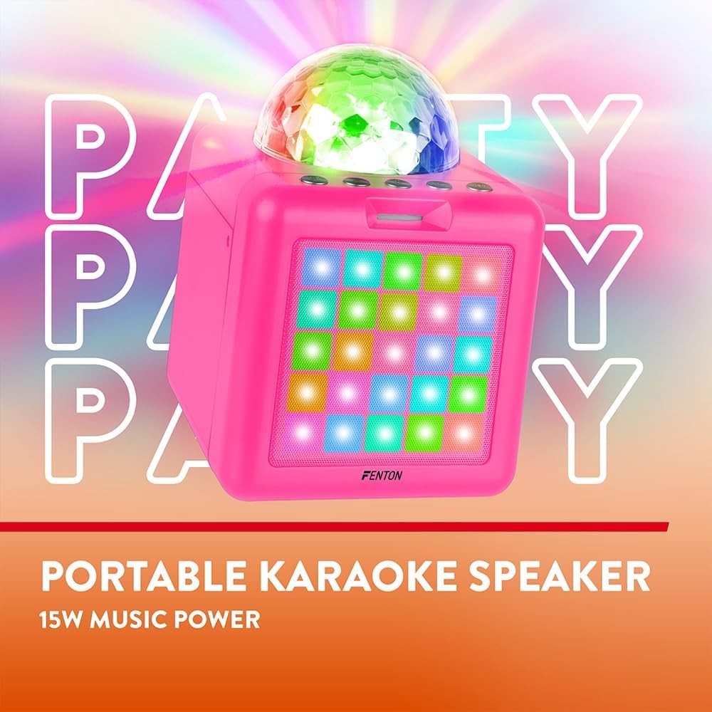 Pink Karaoke Machine with Bluetooth, Party Lights & 2 Mics