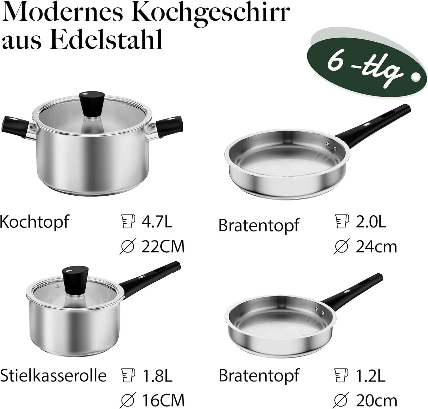 6pcs Stainless Steel Pot and Pans Cookware Set with Lid Induction Ready