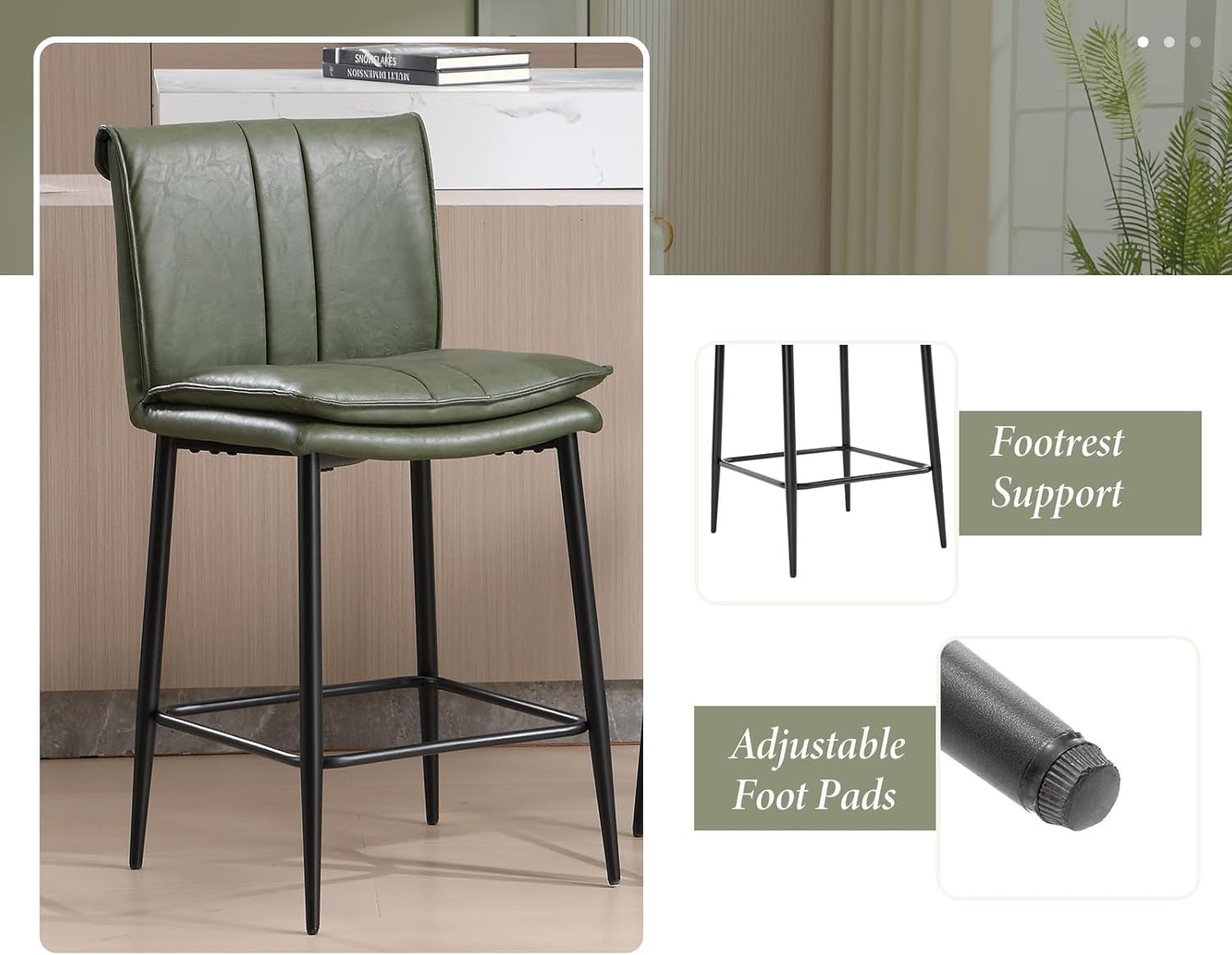 Modern Bar Stools Set of 2 PU Leather Counter Height Kitchen Chairs