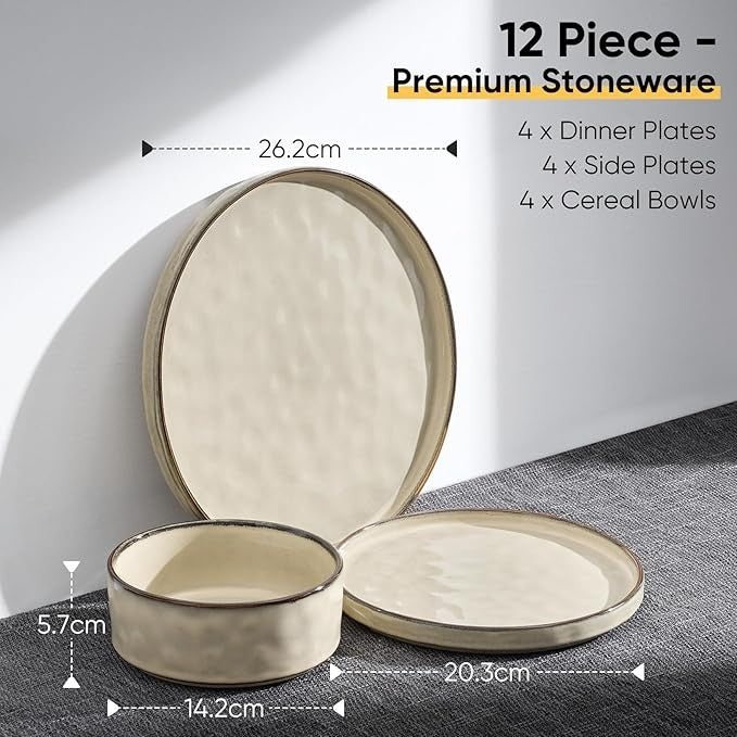 12pc Stoneware Dinner Set Plates Bowls Reactive Glaze Service for 4 Khaki