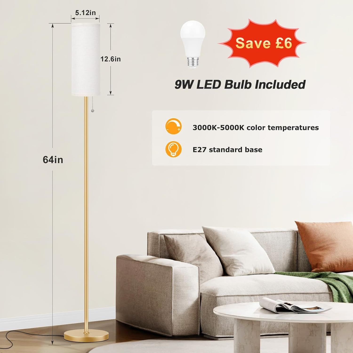 Gold Floor Lamp 64in Standing Lamp 3 Colour Bulb Bedroom Living Room