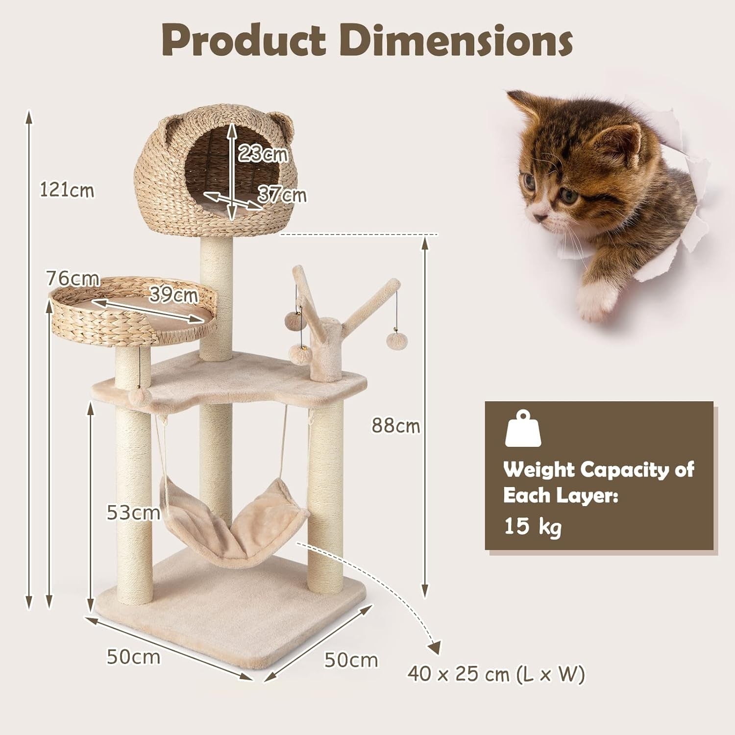 Cat Tree Tower 121cm Indoor Condo Hammock Sisal Scratching Post Play Centre