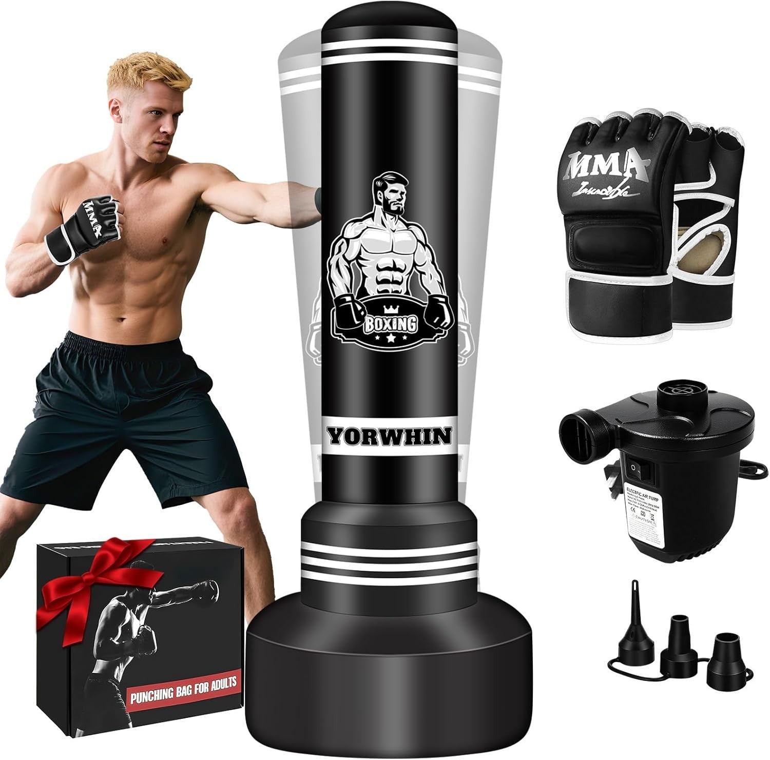70in Standing Punch Bag Inflatable MMA Kickboxing Set Gloves Pump
