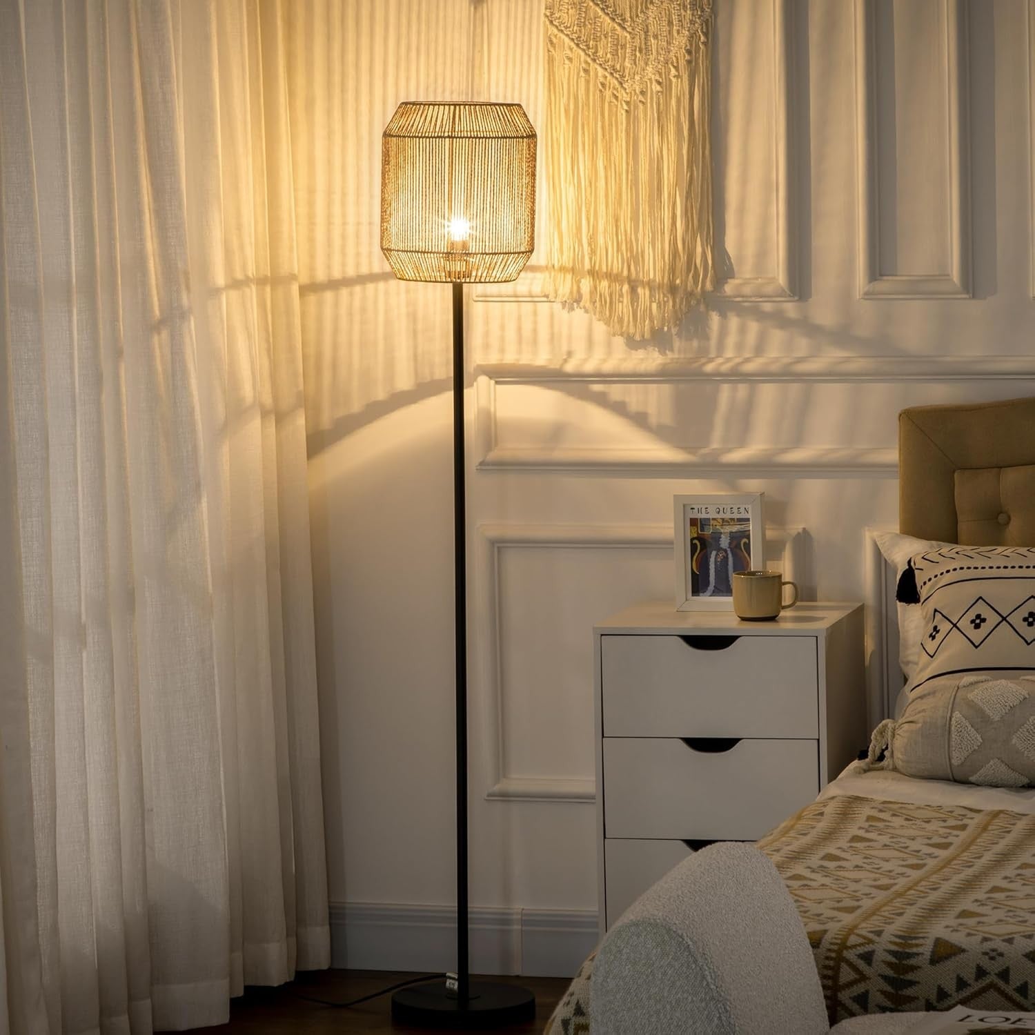 Rattan Floor Lamp Wicker Standing Light Natural Shade Living Room Bedroom