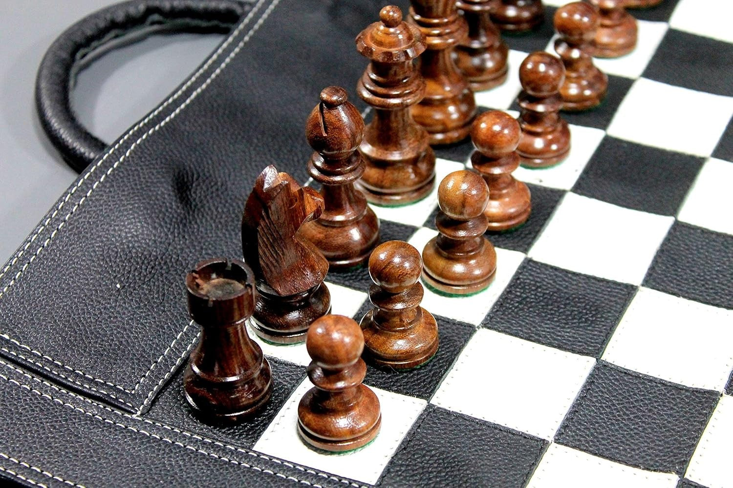Luxury Roll-Up Leather Chess Set 19"×15" Portable Board With Wooden Pieces