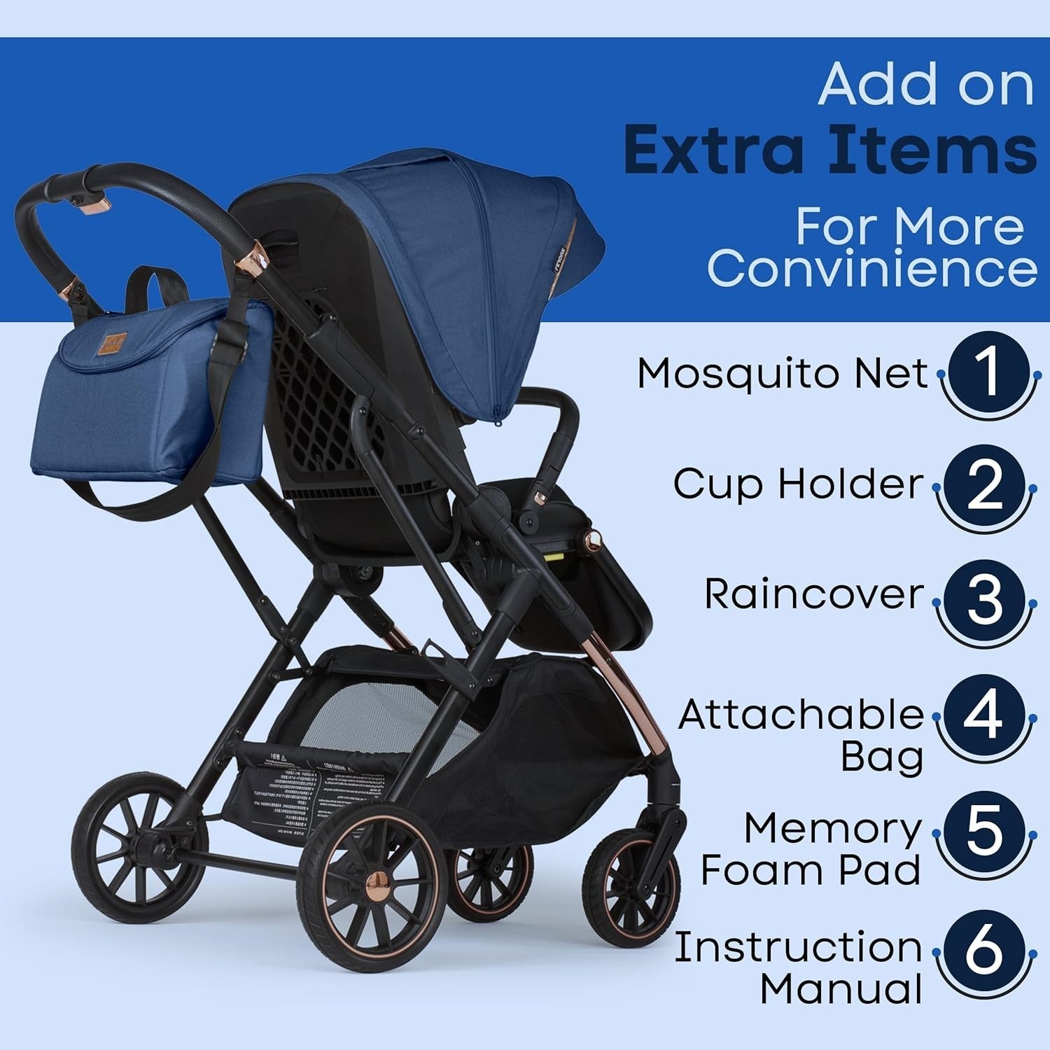 Baby Pushchair Reclining Seat Smooth Suspension Compact Stroller Blue