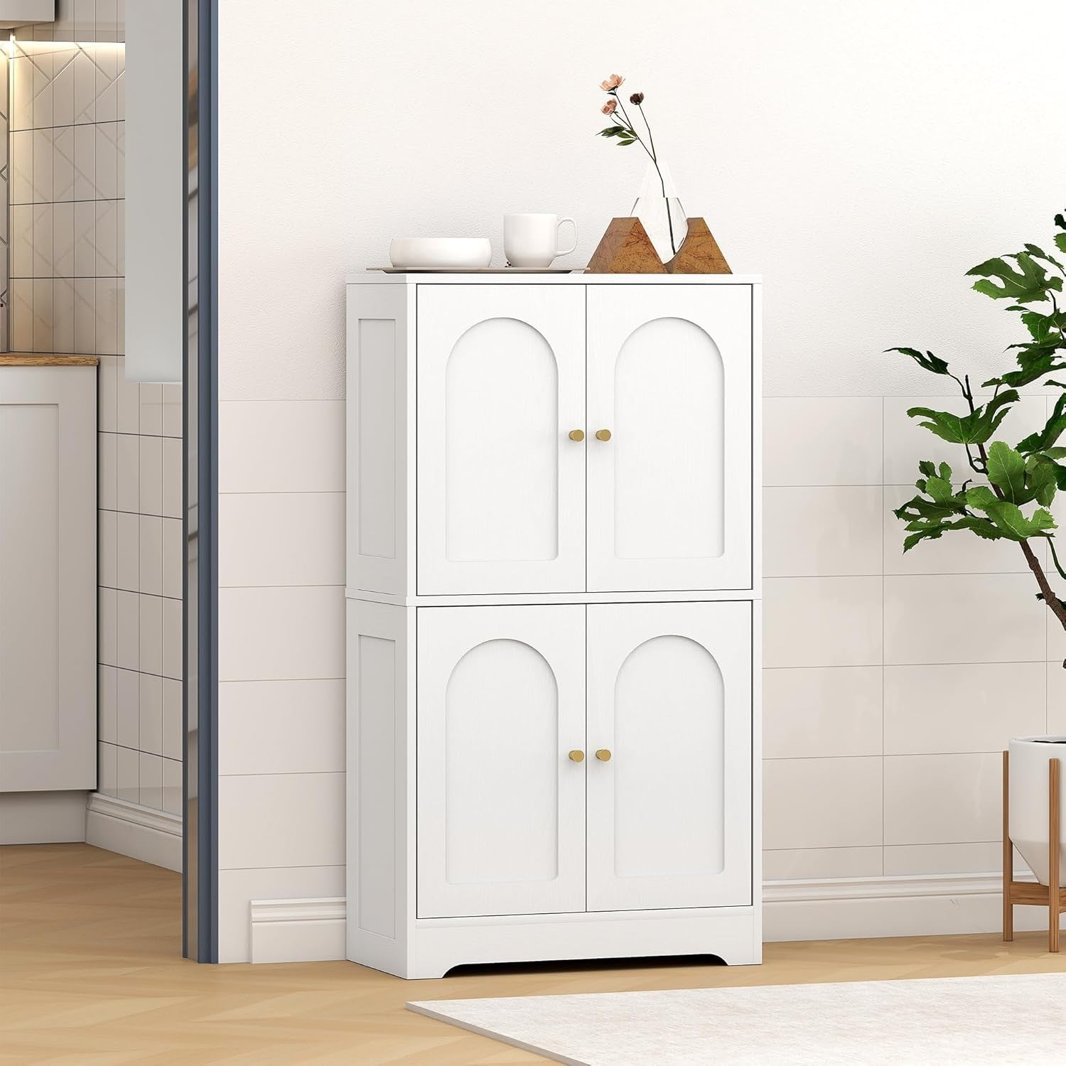 White 4 Door Kitchen Cupboard Freestanding Cabinet with Adjustable Shelves 110cm