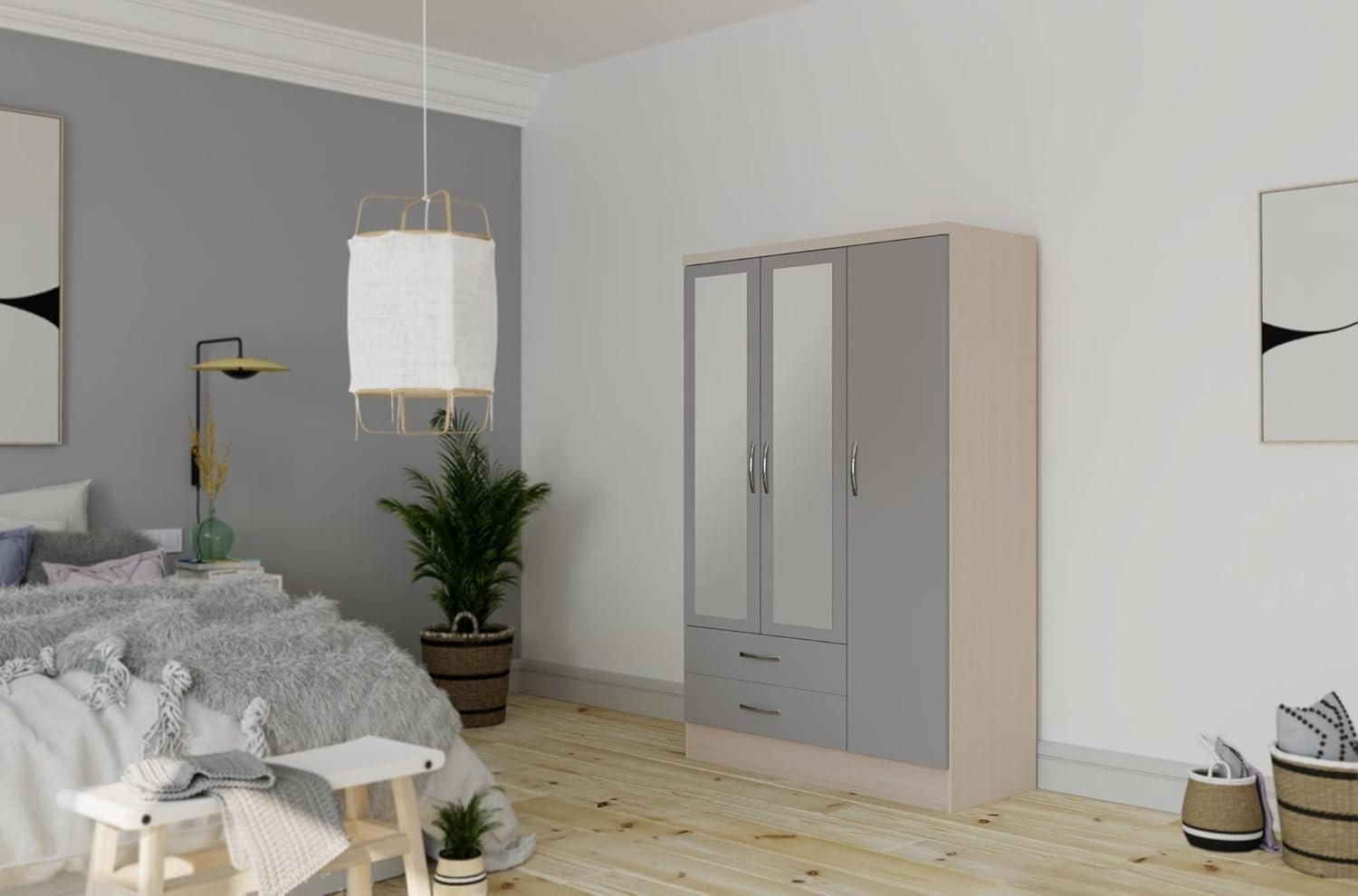 3 Door 2 Drawer Wardrobe Grey Gloss & Light Oak Effect Mirror Storage Unit
