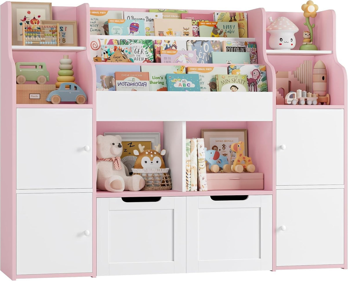 Kids Toy Storage Unit Bookcase with Doors Drawers & Shelves – White Pink