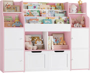 Kids Toy Storage Unit Bookcase with Doors Drawers & Shelves – White Pink