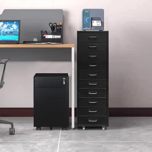 Black Metal 10 Drawer Mobile Filing Cabinet Tall Office Storage on Wheels