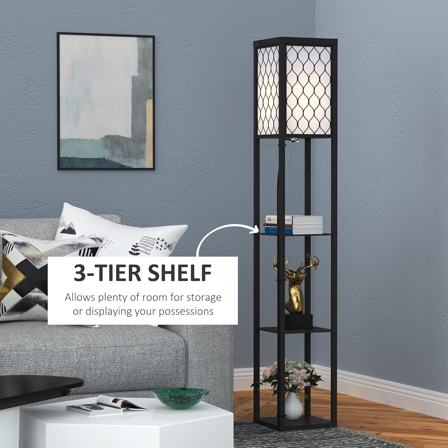 Floor Lamp with Shelves Tall Standing Light Fabric Shade Storage