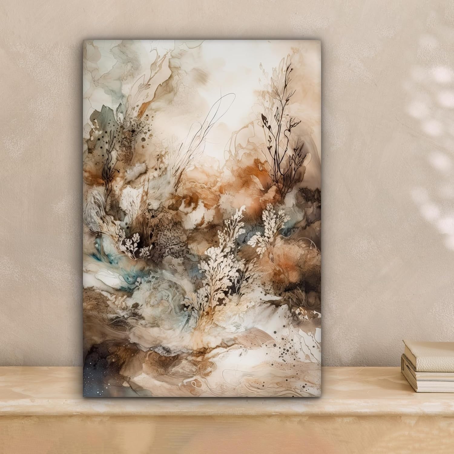 Abstract Floral Canvas Wall Art 20x30cm Beige Framed Modern Print