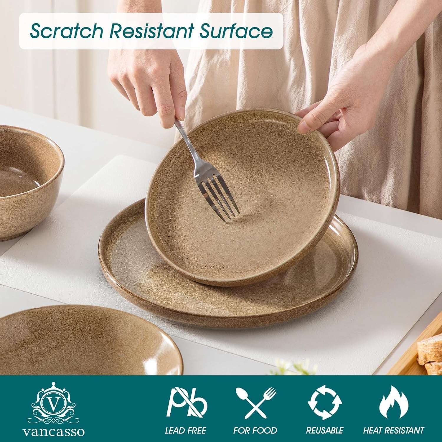24pc Ceramic Dinner Set Caramel Plates Bowls Microwave Dishwasher Safe