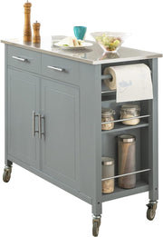 Rolling Kitchen Island Trolley Cart Grey with Drawers & Steel Top 107x46x94cm