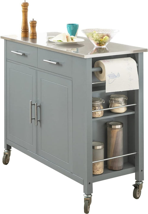 Rolling Kitchen Island Trolley Cart Grey with Drawers & Steel Top 107x46x94cm