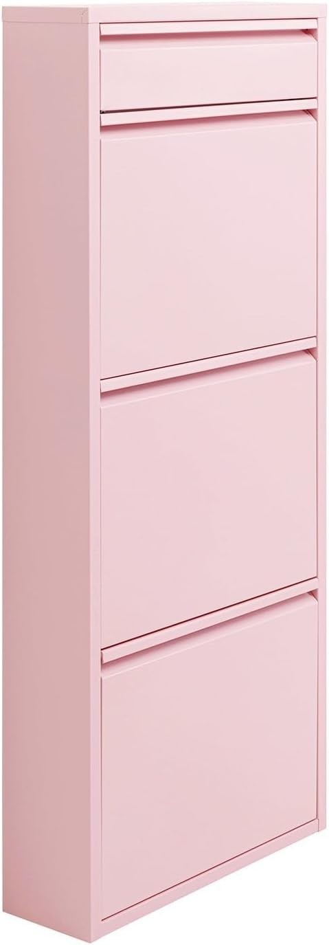 Slim Pink Shoe Cabinet with Drawers – 4 Flip Compartments Hallway Storage
