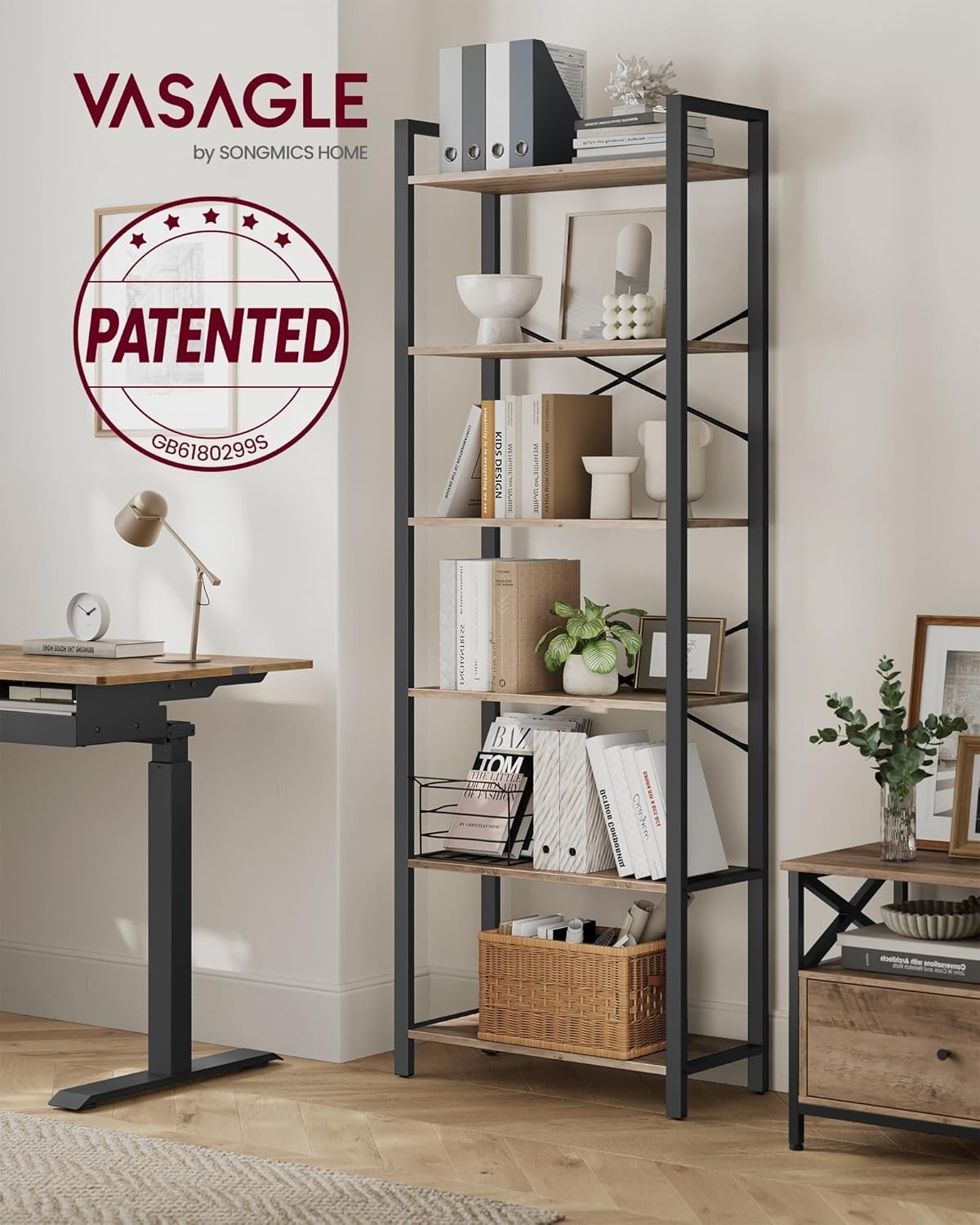 6-Tier Industrial Bookshelf 186cm Tall Wide Storage Unit Heather Greige