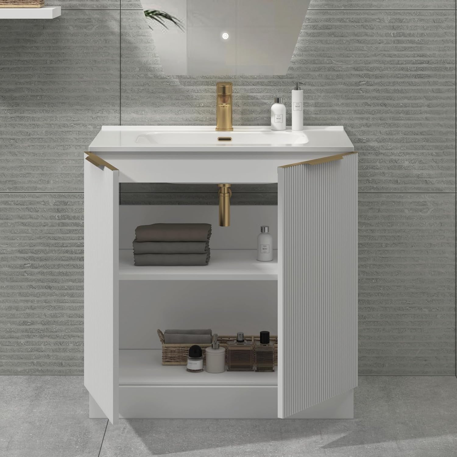 White 800mm Bathroom Vanity Unit with Basin & Brass Handles Floor Standing