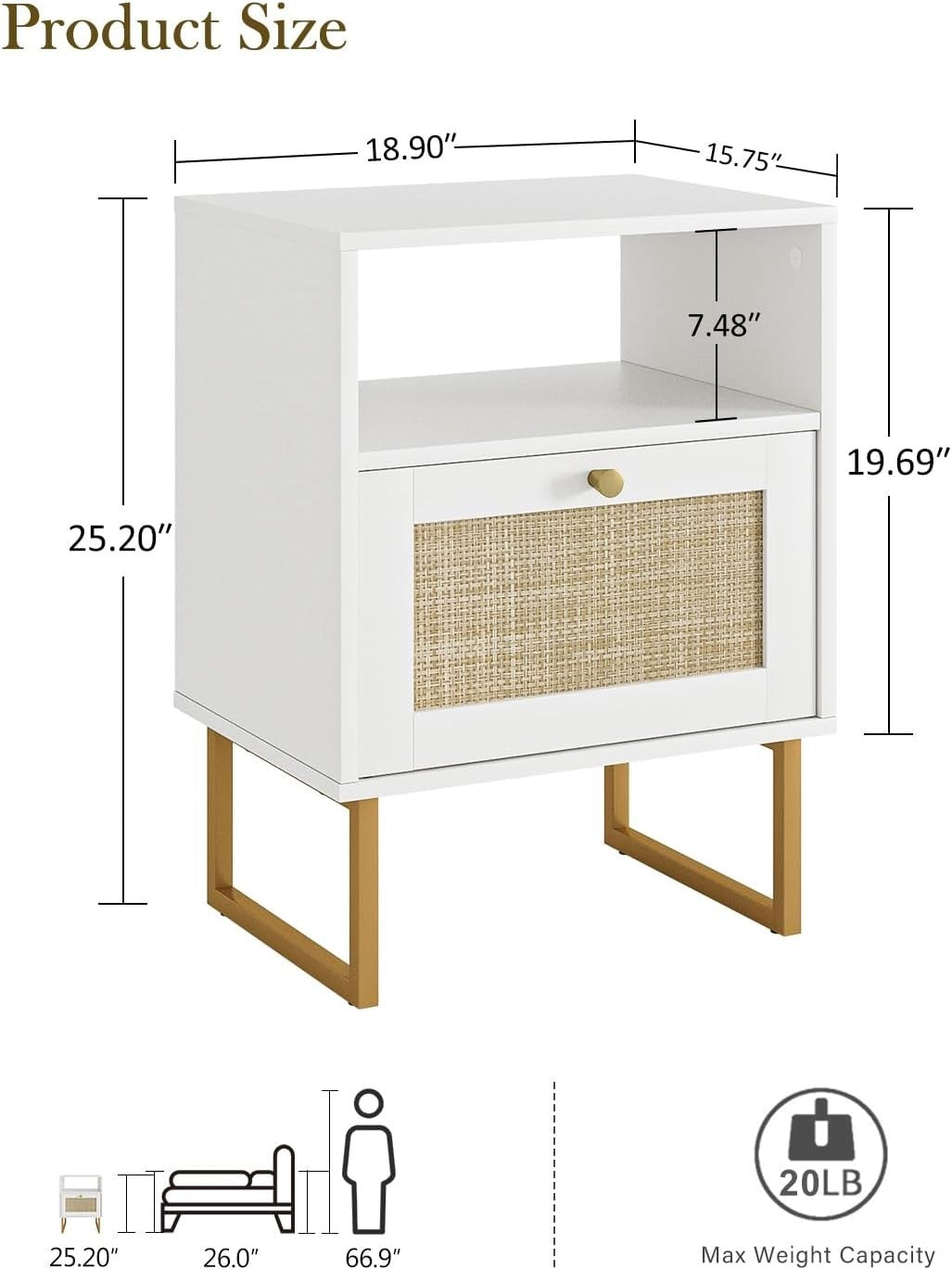 White Rattan Bedside Table with Drawer XL Nightstand Boho Oak Side Table