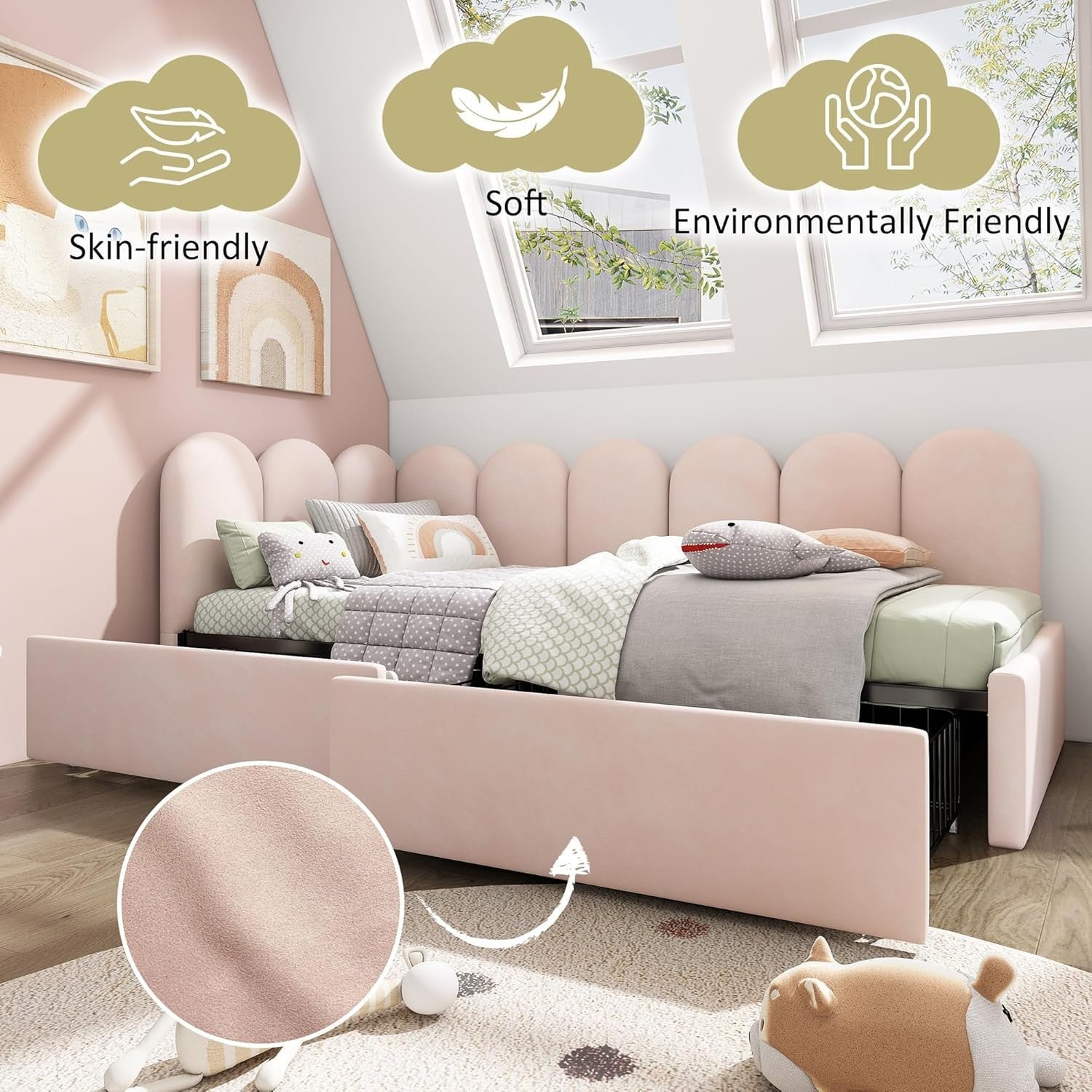 Pink Velvet Daybed Sofa Bed with Storage Drawers 3FT Single Kids Room