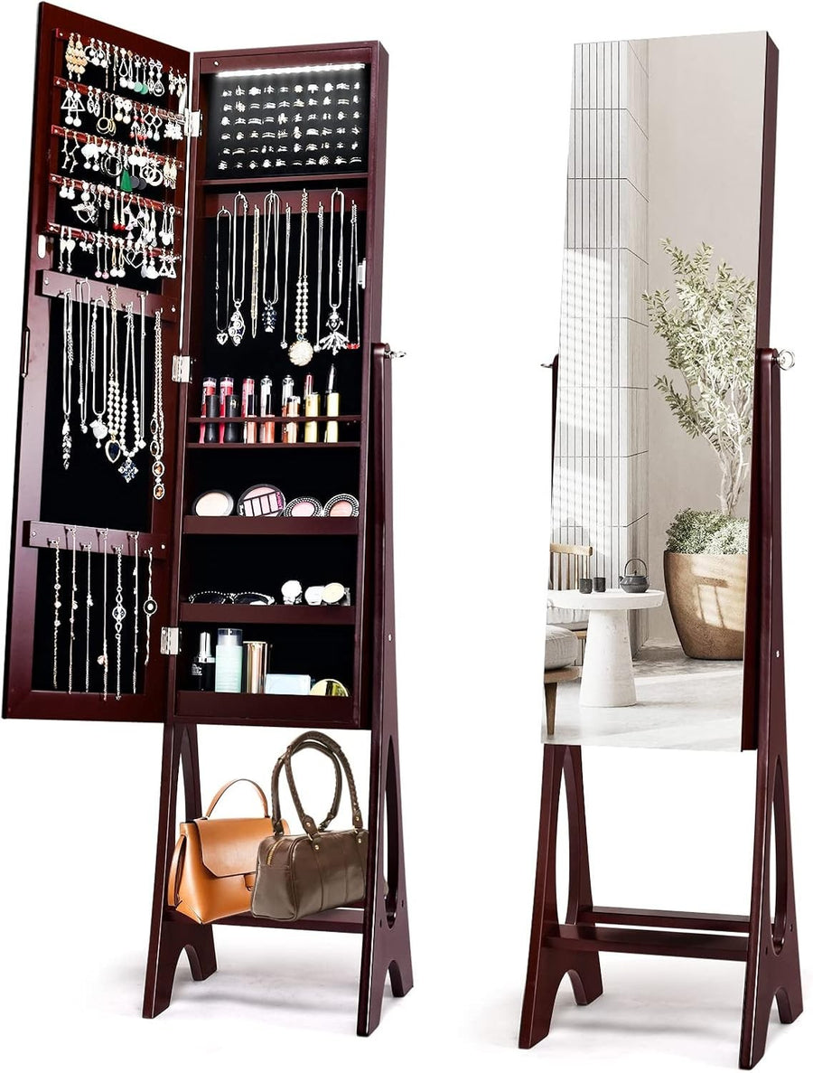 LED Lighted Jewelry Cabinet Lockable Full Length Mirror Storage Armoire