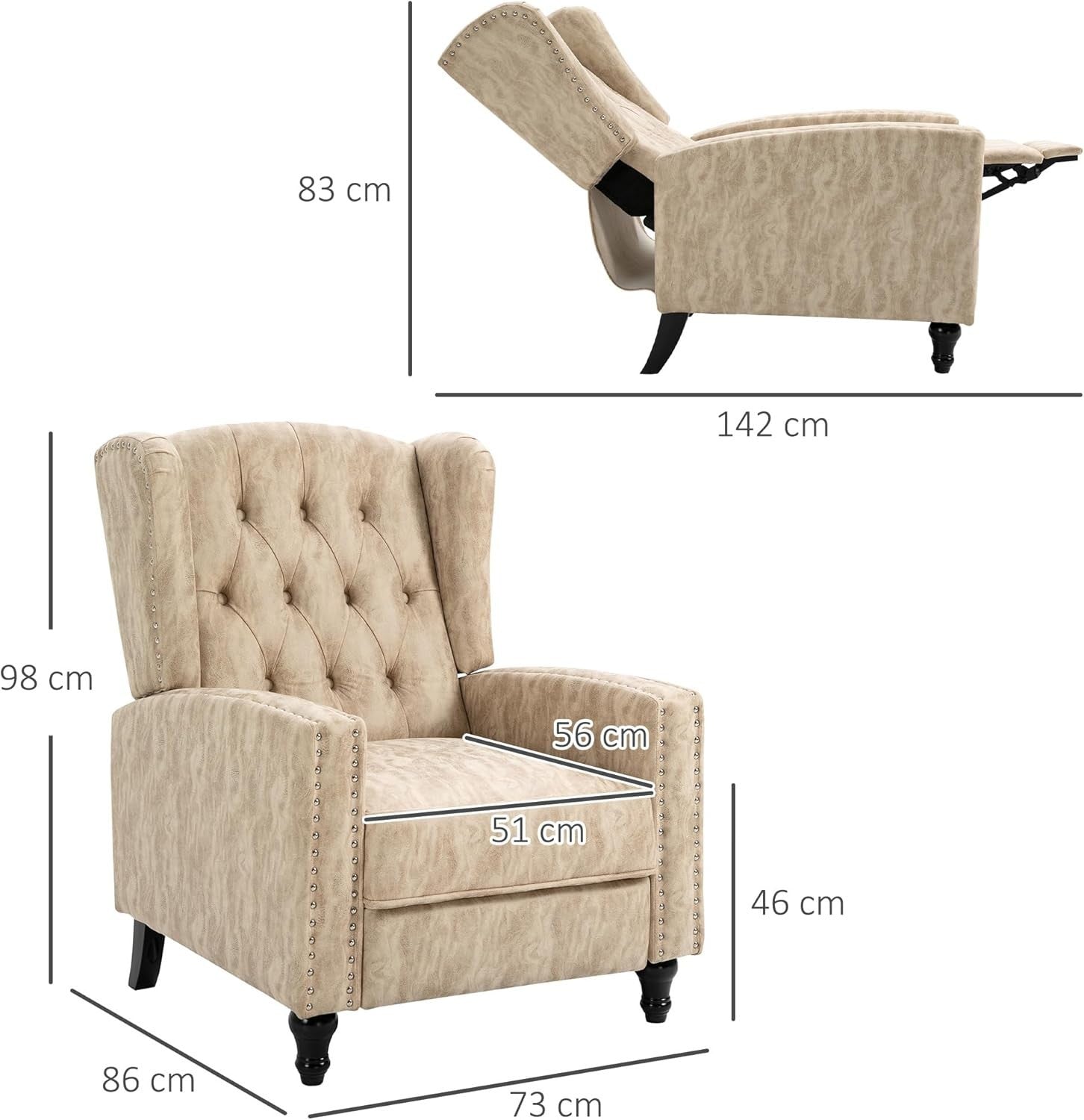 Beige Recliner Armchair with Footrest Wingback Tufted Chair Vintage Look