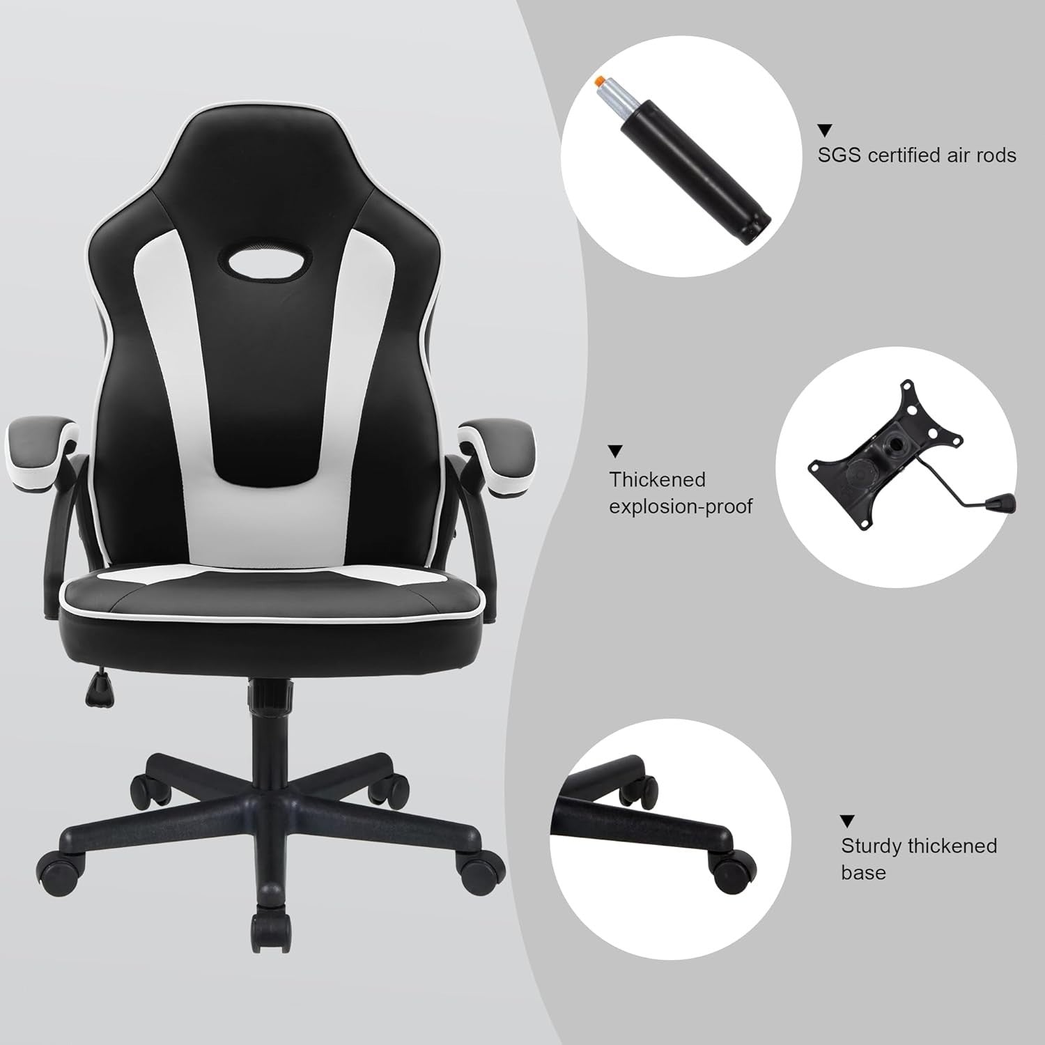Ergonomic White Recliner Office Chair Faux Leather Lumbar Support Metal Base