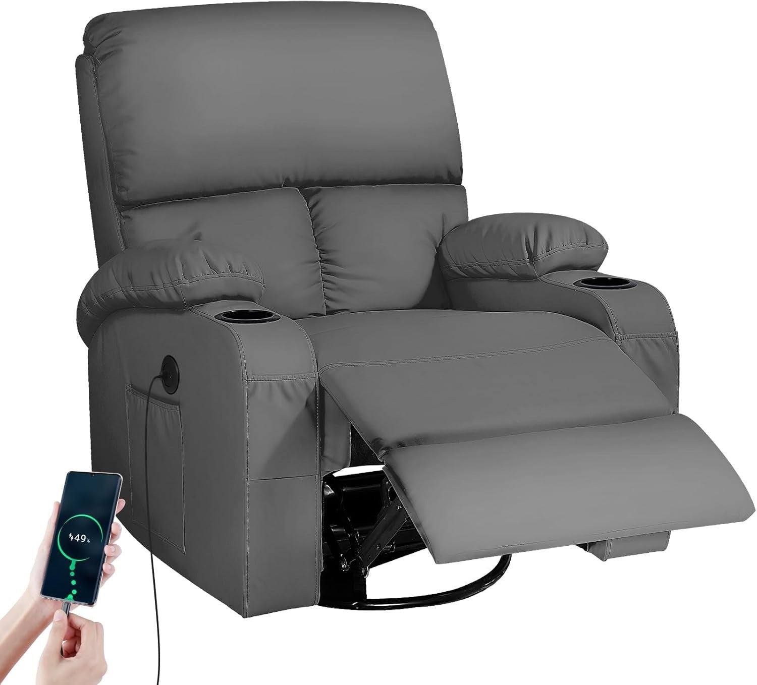 Rocking Recliner Chair Massage Heat 360° Swivel USB Type-C Faux Leather