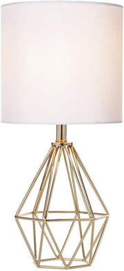 Gold Modern Small Table Lamp with Geometric Base & White Fabric Shade