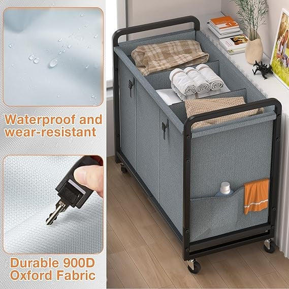 230L 3-Section Laundry Sorter Cart with Wheels & Metal Frame – Grey Organizer