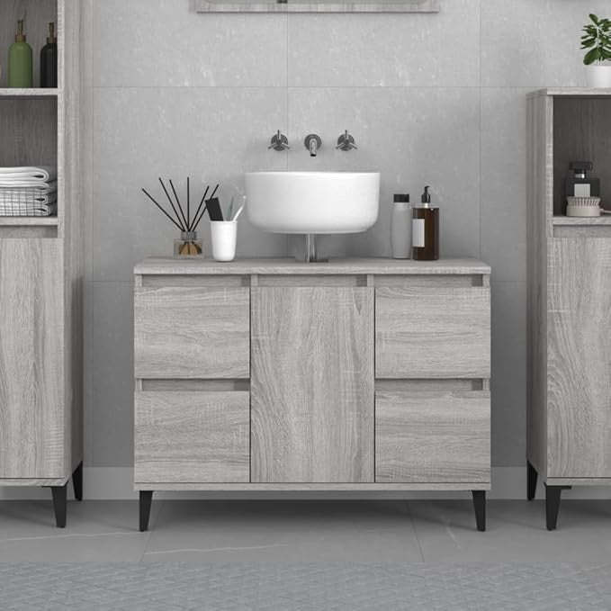 Grey Oak Under Sink Bathroom Cabinet 80cm Modern Vanity Unit with Drawers & Door