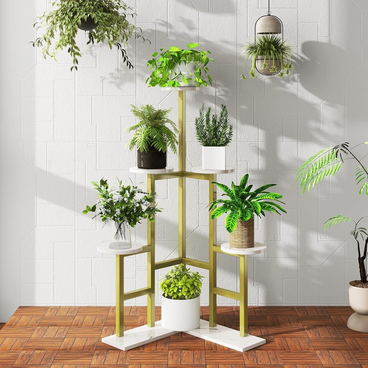 6 Tier Gold Metal Wood Plant Stand | Tall Indoor Corner Flower Pot Display Shelf
