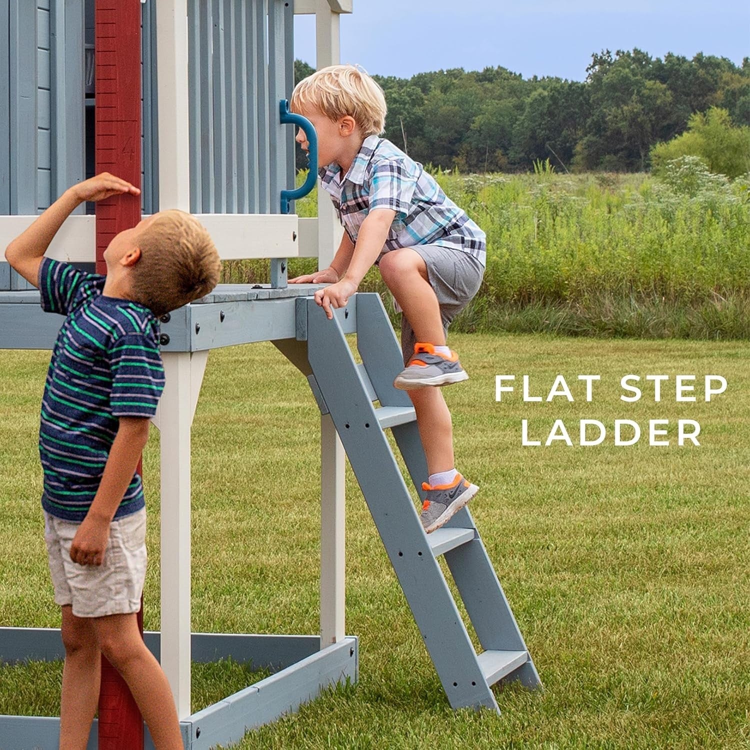 Elevated Cedar Kids Playhouse with Slide Toy Kitchen Growth Chart