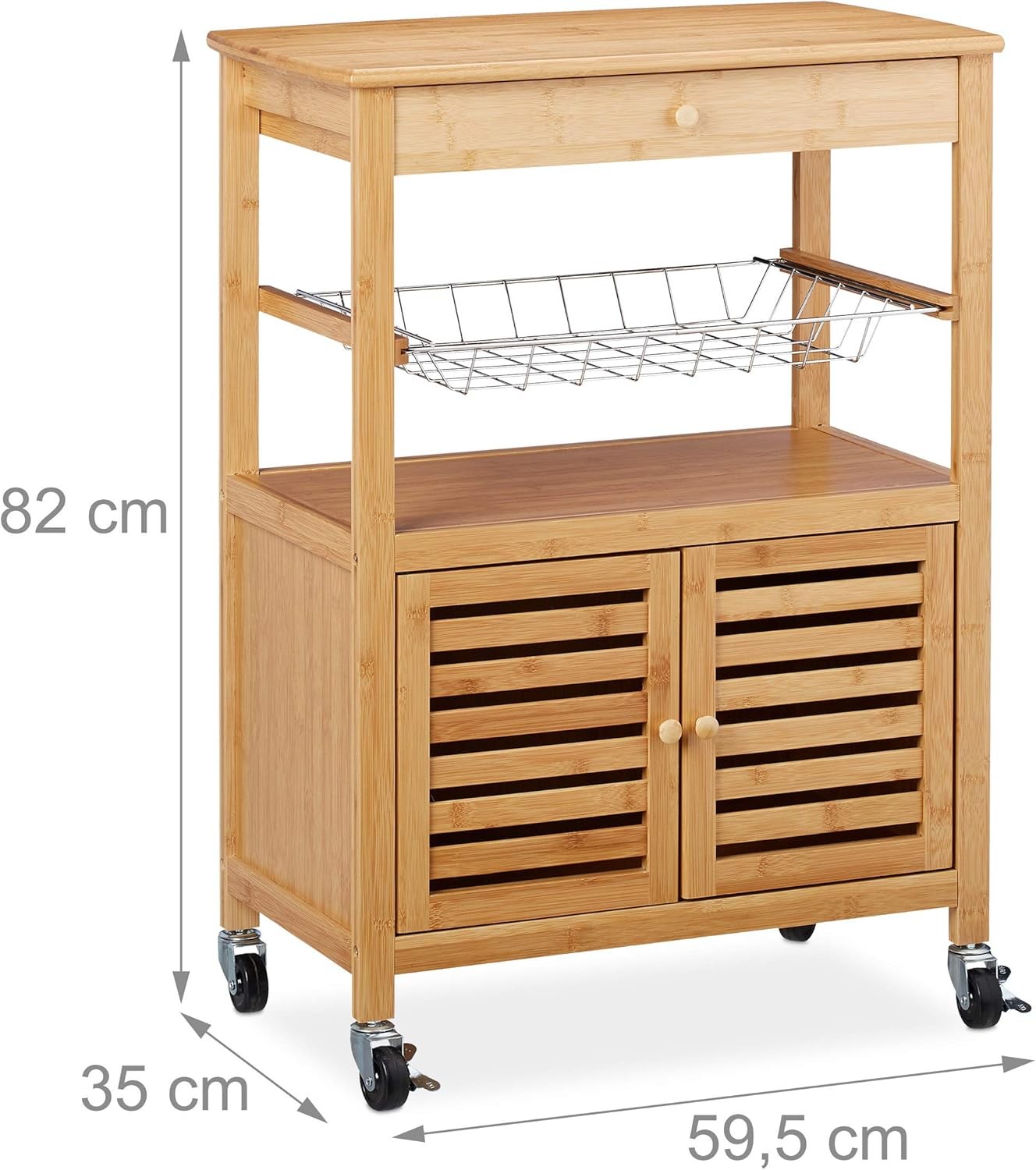 Bamboo Kitchen Trolley on Wheels Storage Cart with Cabinet Shelf Basket