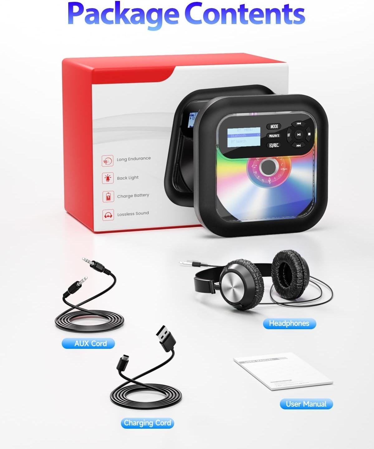 Portable CD Player Bluetooth FM Car Radio TF Card AUX Rechargeable