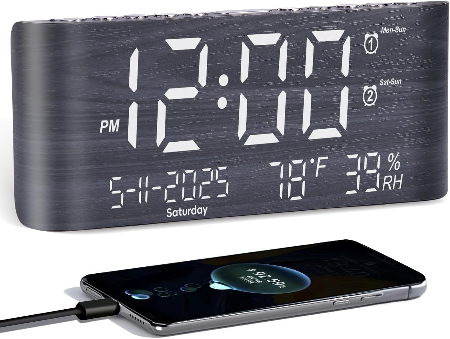 Large Digital Alarm Clock 8.7in Display Temperature Humidity USB Charger