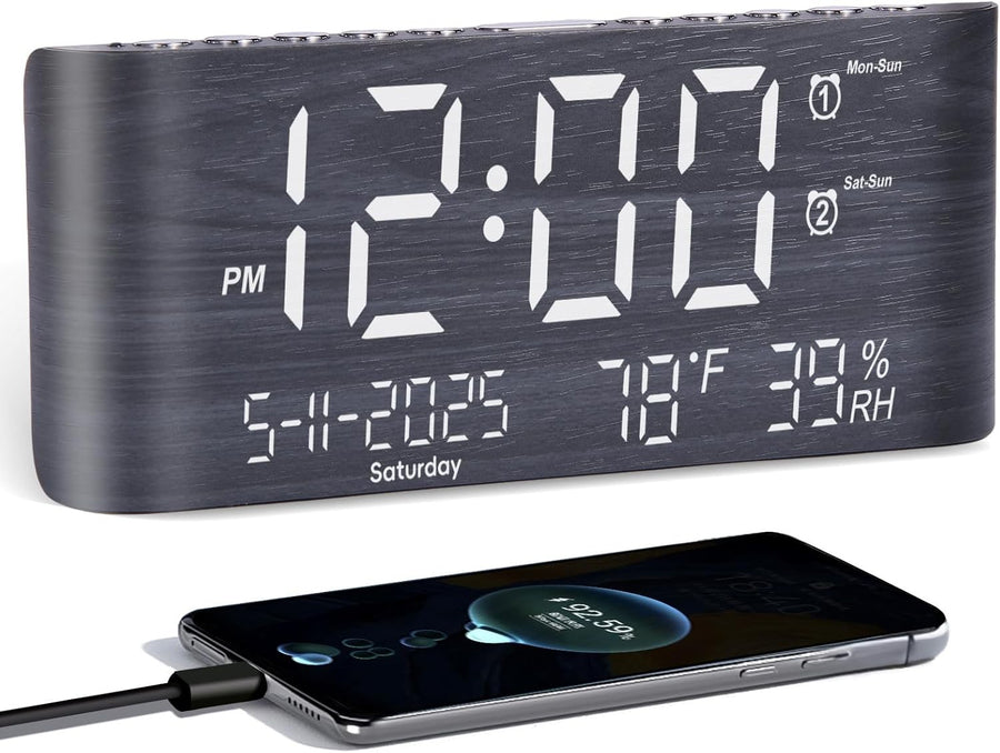 Large Digital Alarm Clock 8.7in Display Temperature Humidity USB Charger