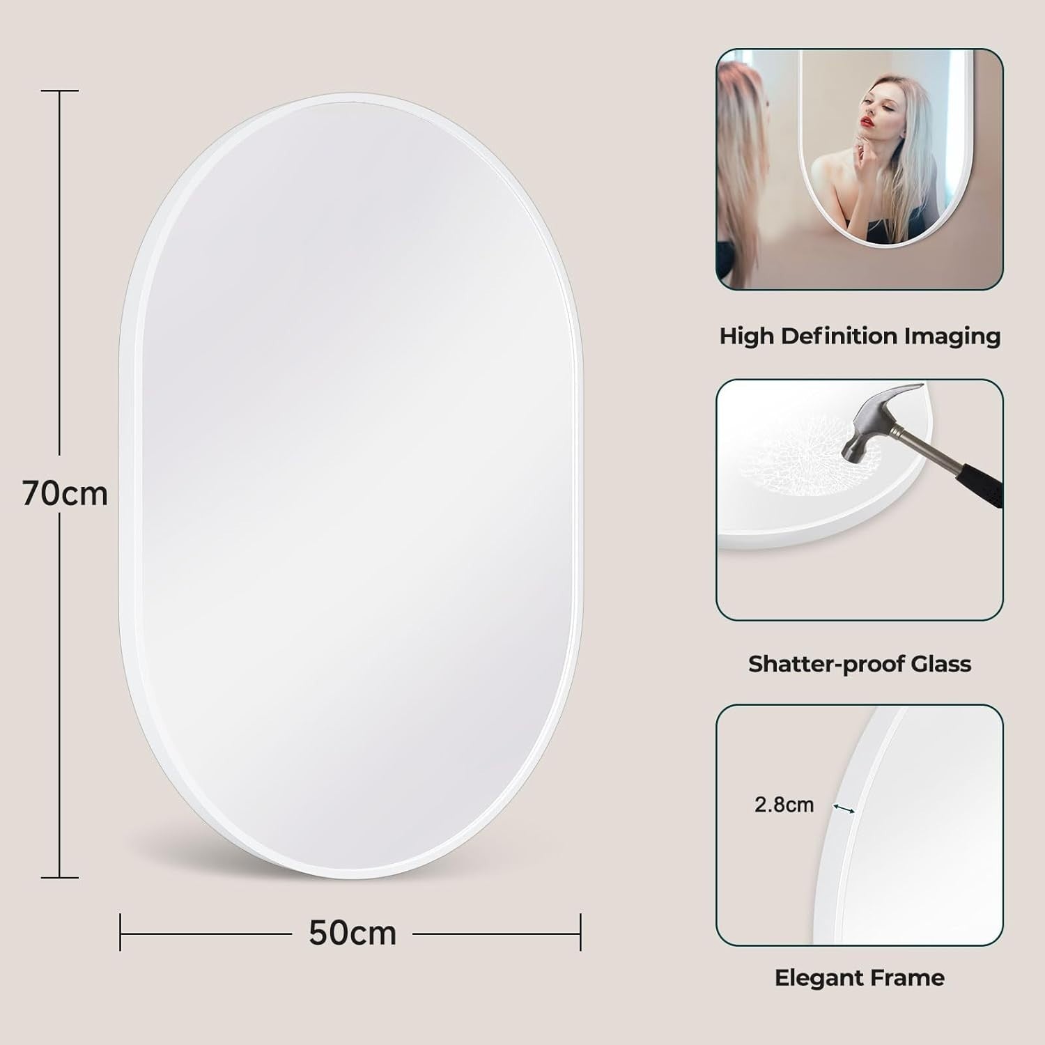 Oval Wall Mirror 50x70cm Modern Hanging Mirror for Bathroom, Hallway