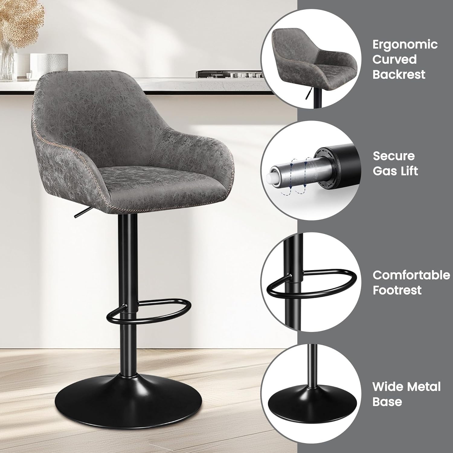 Adjustable Grey PU Leather Bar Stools Set of 2 – Swivel Counter Chairs